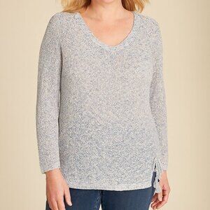 Talbots Open Knit V-Neck Long-sleeve Sweaters Tassels Lightweight Blue Beach